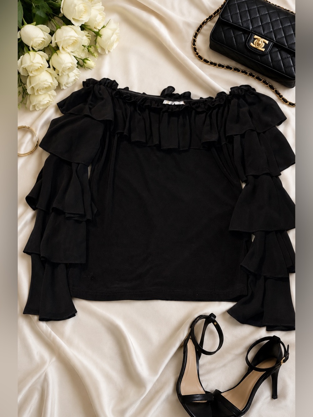 EUC Joseph Ribkoff Black Off Shoulder Ruffle Blouse Size 8 Tiered Bell Sleeves